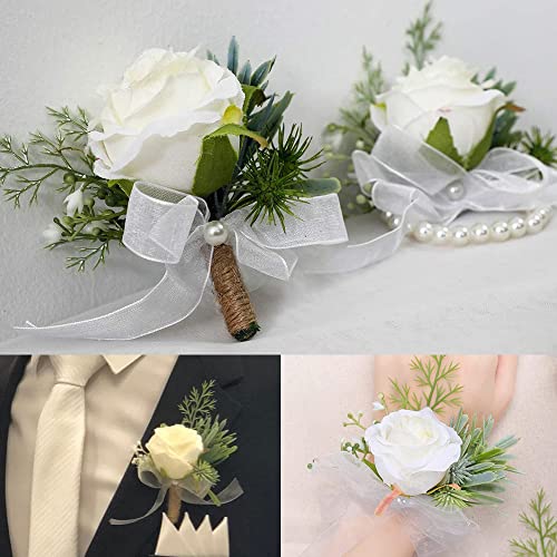 Rose Corsage and Boutonniere Set, 2PCS Handmade Artificial Flower Bride Wrist Corsage Wristlet Bracelets Wristband Men Boutonniere for Wedding Prom Suit Decorations (A-1 Boutonniere & 1 Wrist Corsage) - color: A-1 Boutonniere & 1 Wrist Corsage