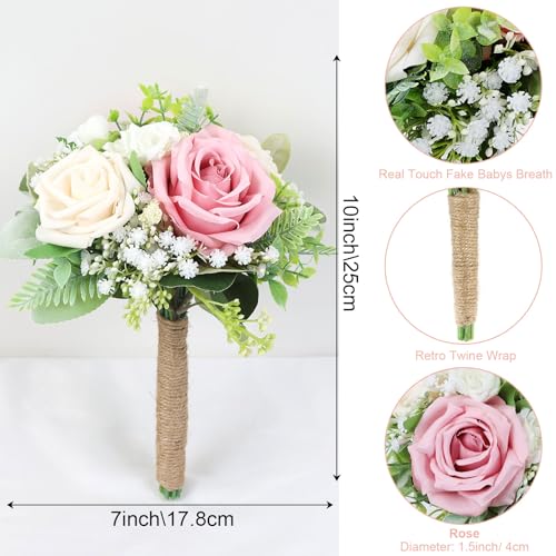 Bridesmaids Bouquets Flowers Set of 4 - Artificial Bridesmaid Bouquet Wedding 7 Inch Rustic Small Floral Centerpiece for Marriage Proposal Party Anniversary Dining Table Decor - Green & Blush Pink - color: Green & Blush Pink, size: 4pcs