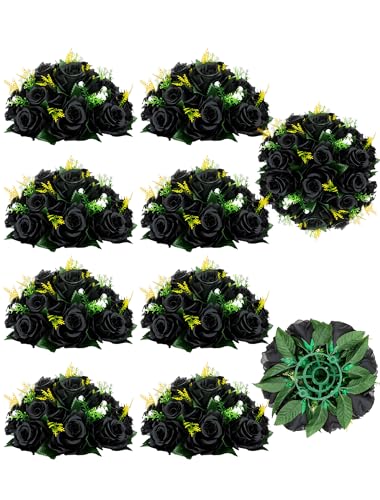 BLOSMON Flower Balls Wedding Rose Centerpieces 10 Pcs Black Fake Flowers Kissing Balls Decor Artificial Floral Arrangements Flower Bouquet of Roses Home Party Room Table DIY Decorations - color: Black