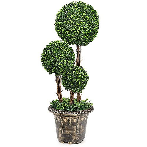 DREAMADE Artificial Boxwood Topiary Tree, 2.5ft Triple Ball Shaped Faux Topiary Tree w/Weighted Pot, Metal Frame, Fake Green Potted Plants Decoration for Indoor/Outdoor/Home/Office - size: 2.5ft
