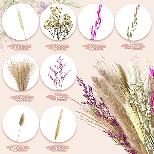 25 PCS Natural Boho Cake Topper Vintage Artificial Flowers Leaves Various Dried Pampas Grass Cake Decor for Wedding Bridal Birthday Party Supplies (Pink White Champagne) - color: Pink White Champagne