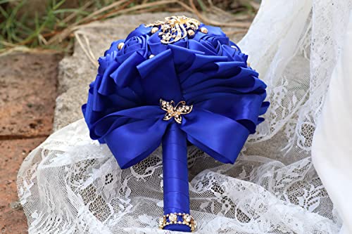 WIFELAI-A Golden Rhinestone Brooch Wedding Flowers Bridal Bouquets Crystal Bride Holding Bouquet White Ivory Satin Roses with Diamond - color: Royal Blue