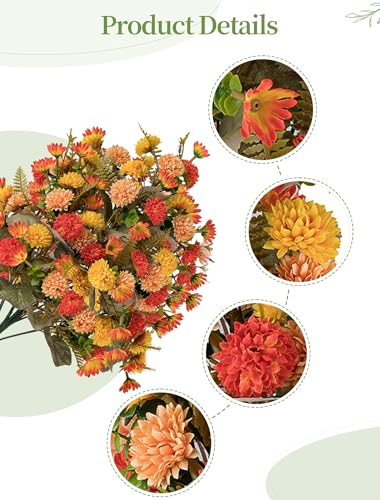 Artificial Cemetery Flowers for Grave: 2 Pcs Fake Fall Flowers for Cemetery Orange Mums Bouquets with Vases - Outdoor Grave Decorations - color: Orange & Red