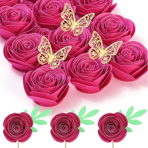 Mverse 3D Rolled Roses Paper Flowers Decorations for Custom Shadow Box Frame, Graduation Cap, Mini Artificial Crafts DIY Gift Décor for Mother Day (18 Pieces, Rose Red) - color: 08- Rose Red