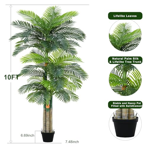 10ft Tall Triple Golden Cane Palm Artificial Tree Large Tropical Palm Tree UV Resistant Fake Plant in Pot for Indoor Outdoor Big House Living Room Outside Patio Office Home Decor 1Pack - size: 10ft