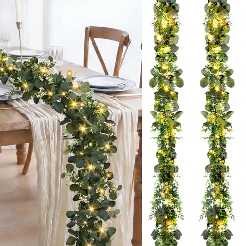 2 Pack 6 ft Artificial Eucalyptus Garland with Lights Spring Summer Green Faux Garlands Fake Eucalyptus Greenery Leave Vine Garland for Wedding Party Indoor Outdoor Home Table Fireplace Mantel Decor