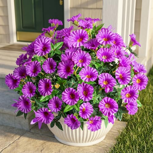 Purple Artificial Morning Glory Flowers for Outdoor Planters, Premium UV Resistant Silk Faux Flowers for Porch, Hanging Basket & Window Box, Cottage Garden Decor, No Pot, 13.3 Inch, 8 Bundles - color: Dark Purple 8pcs