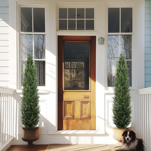 Artificial Cedar Topiary 5ft Fake Cypress Trees Faux Cedar Potted Plants Pine Cypress for Outdoors Indoors Front Home Decor 2 Pack