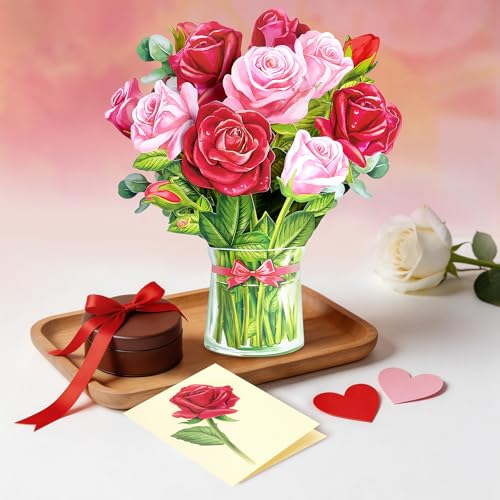 Airpark 3D Pop Up Paper Flowers Bouquet Card 12’‘ with Note & Envelope, Birthday Gifts, Anniversaries, Get Well, Thank You, Greeting Cards for Women Mom Wife Friends, Red Rose - style: Roses