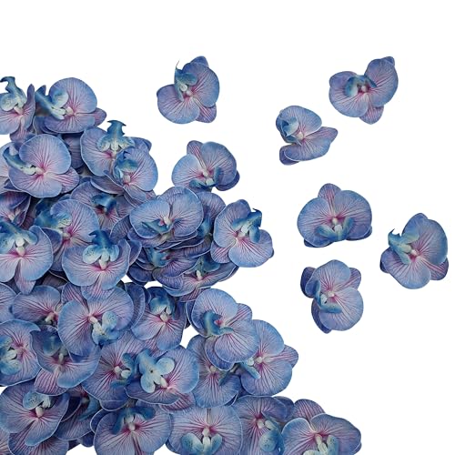 Fake Blue and Red Stripes Orchids Artificial Flowers Heads, 3.5''Fake Orchid Heads for Wedding Floral Bouquet Decor DIY Craft Making Bridal Shower Photography Props (80, Blue+red Stripe) - color: Blue+red Stripe