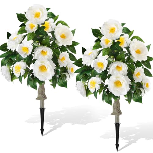 Thiccywoov 2 Pack 36" Artificial Peonies Flowers for Outdoor, 3 Ft Faux Outdoor Plants with Spike UV Resistant Realistic Fake Floral Bush for Indoor Front Door Porch Backyard(White) - color: White