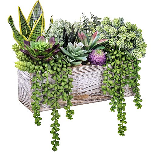 14 Pcs Assorted Artificial Succulents Fake Plants in Rectangular Wooden Pots Artificial Potted Succulents Plants Arrangement for Table Centerpiece Windowsill Shelf Mantel Tropical Greenery Decor