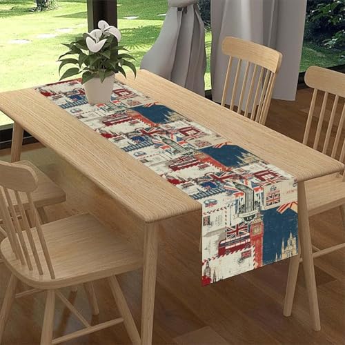 British Table Runner, Vintage England Buildings London Culture Element Retro Envelope Stamps Coffee Table Center Decor for Home Kitchen Dining Patio Holiday Party Table Decorations 13x36 inches - color: Tr-england06, size: 13x36" Table Runner