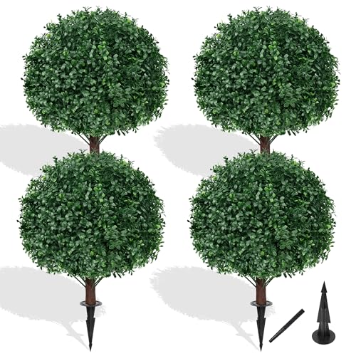 Grooy Artificial Boxwood Topiary Ball Tree with Ground Spike, Set of 4 Artificial Shrub Bushes, Fake Evergreen Tree for Porch, Artificial Plants for Outdoor Planters Indoor UV Resistant - color: Boxwood Ball 4pcs
