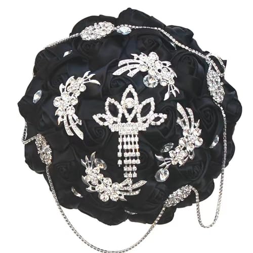 Black Bridal Wedding Bouquet with Bling Brooch Rhinestone String Cascade Satin Rose Flower Bouquet for Bride Bridesmaid Quinceanera Wedding Black 7.1in - color: ['Black #2'], size: Diameter: 7.1 inches