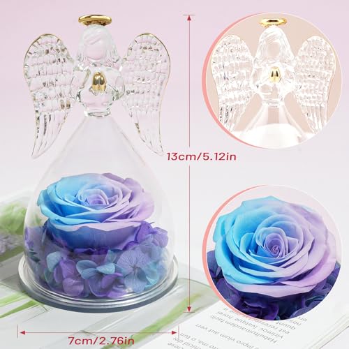 Miofula Gifts for Mom Birthday Gifts for Women, Preserved Flowers Rose in Glass Angel Figurines, Fresh Flowers for Delivery Anniversary Forever Real Roses Gifts for Mothers Grandma Her Wife Girlfriend - color: Blue+purple