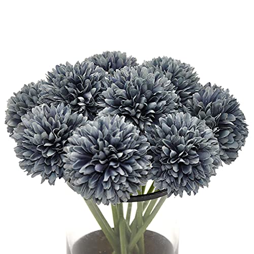 10Pcs Artificial Fake Flower Plants Silk Chrysanthemum Ball Hydrangea Arrangements Wedding Bouquets Decor Home Kitchen Garden Party Table Floral Centerpieces DIY (Gray) - color: Grey