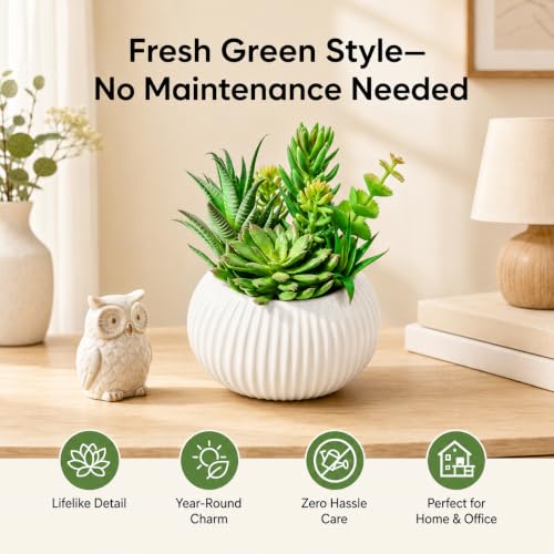 8 Inch Fake Plants Artificial Succulent Plants，White Ceramic Flower Pot，Assorted Faux Mini Succulents in a Decorative Planter Pot. - color: Pinkish White