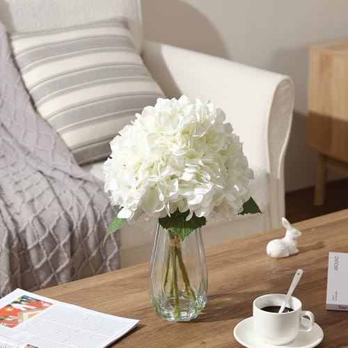 5 Pcs 16" Realistic Artificial Hydrangea with Glass Vase, Large Real Touch Flowers Artificial Flowers Dry Flowers Outdoor Wedding Christmas Office Family Party Living Room Table Decoration (White) - color: White, size: Hydrangea