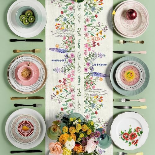 72 x 13 Inch Spring Wildflower Table Runner – Floral Table Runner with Symmetrical Wildflower Pattern for Garden Parties, Kitchen, Mantel, Dining Table Décor, Spring Party Supplies - style: Art Deco