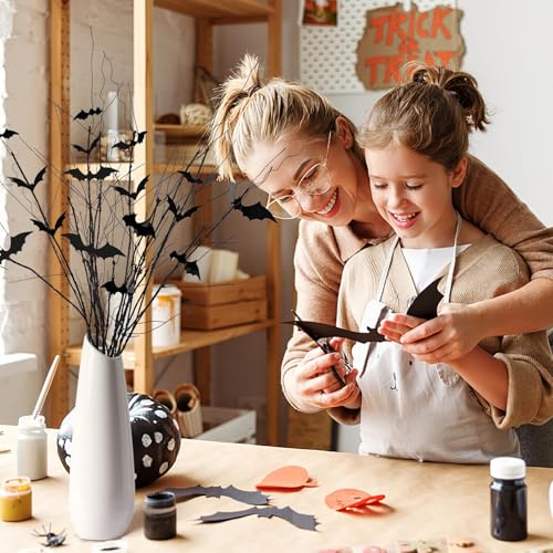 JUNEBRUSHS 8Pcs Curly Willow Branches with 36Pcs Halloween Bat Stickers | 29.5 Inch, Artificial Bendable Stems Black Branches, Halloween Wreath Home Party Decorations