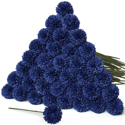 36 Pcs Artificial Chrysanthemums Flowers Blue Ball Flower Silk Fake Mums Flowers for Home Decor Outdoor Wedding Floral Arrangement St Patricks Day Table Centerpiece - color: Blue
