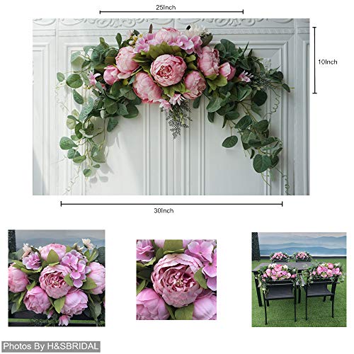 H&S BRIDAL Wedding Arch Flowers, 30 Inch Rustic Artificial Floral Swag for Door Lintel, Green Leaves Rose Peony Sunflowers Table Centerpieces Home Decoration - color: Pink2
