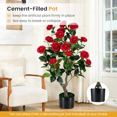 Goplus 35.5’’ Artificial Camellia Tree, Flower Plants Artificial Tree, Faux Floral Plant Blooming Tree in Cement Pot, Greenery Potted Plant for Indoor Outdoor Office Home Porch Decor - color: Red, size: 2ft 11in