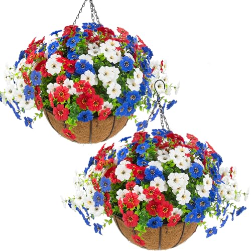 Hananona 2 Set Artificial Outdoor Flowers with Hanging Basket, 2 Hanging Planters with 24 Pcs Patriotic Flowers for Summer Front Porch Patio 4th of July Decor (Red, White, Blue) - color: Red, White, Blue