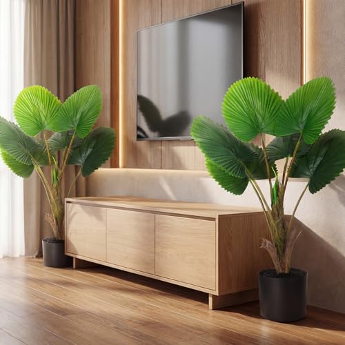 Giegxin 2 Pack Artificial Fan Palm Tree 2.36 ft Tall Fake Tree Round Leaf Fake Palm Plant with Planter, Faux Tropical Areca Floor Plant, Artificial Silk Plants for Indoor Outdoor Home Office Decor