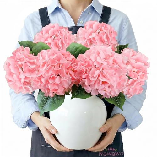 6PCS Large Silk Hydrangea Flowers, 20 in Full Faux Huge Hydrangea Artificial Flowers with Stems Leaves for Fake Bouquets Home Wedding Party Centerpieces Arrangements Housewarming (Pink) - color: Pink