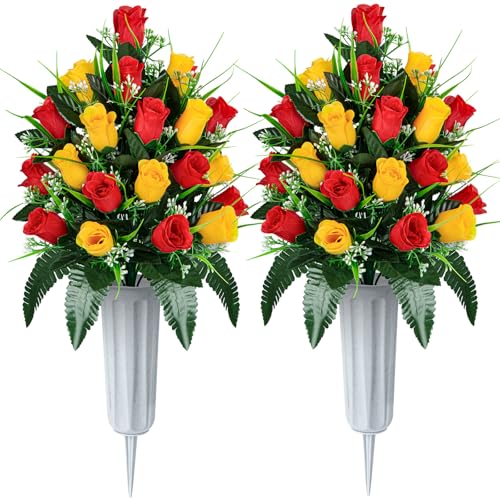 Artificial Cemetery Flowers - Set of 2 Grave Memorial Rose Flowers with Vase for Cemetery Headstones Gravesites Decoration (Red & Yellow) - color: Red & Yellow