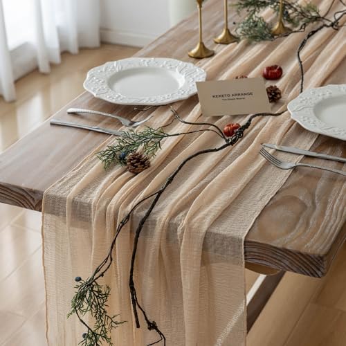 Keketoarrange 3pcs Deep Beige Cheesecloth Table Runner Rustic Boho Butter Gauze 120 Inch 10 FT Cheese Cloth for Wedding Baby Bridal Shower Birthday Engagement Party Long Sheer Spring Home Decorations - color: Deep Beige, size: 35"x120"(Pack of 3)
