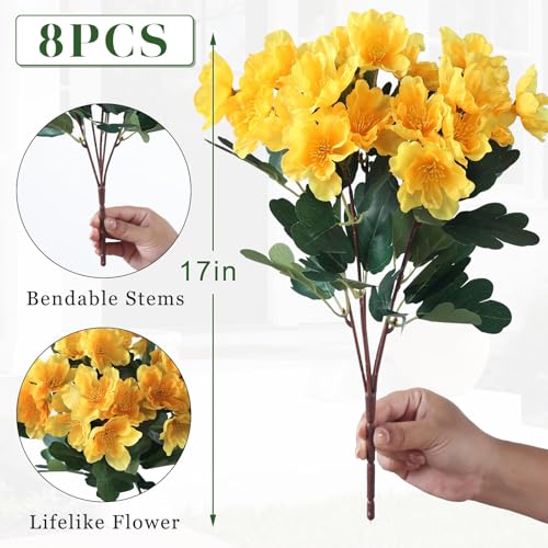Juxdp 8 Bundles Artificial Camellia, Fake Silk Bouquet Flowers(Yellow) | Full＆Vibrant, Fade-resistant, UV-resistant＆Waterproof, for Front Door/Garden/Farmhouse/Outdoor/Home/Spring/Summer Decor - color: Yellow