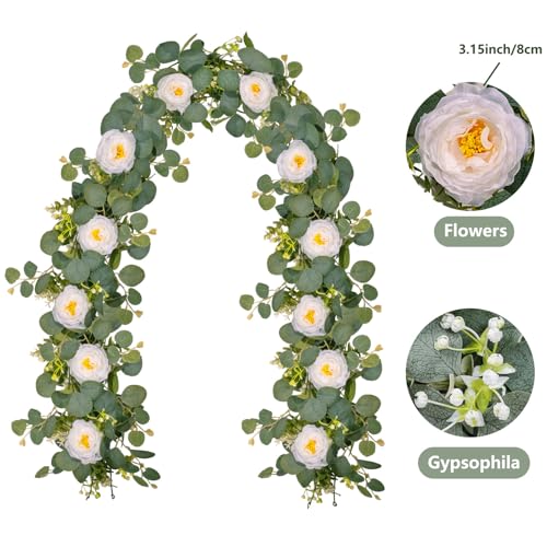 2 Pack 12Ft Artificial Flower Garland with Eucalyptus and 12 Roses, Fake Rose Garland Floral Vines for Wedding Backdrop, Table Centerpieces, Party Decor, Wall Greenery (White, 2PCS) - color: White
