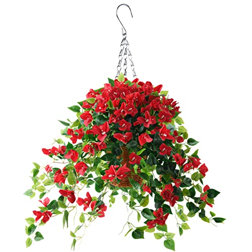 Homsunny Artificial Hanging Flowers Plants Basket for Outdoor Decoration,4 PCS Faux Silk Bougainvillea Vine Flowers Look Real UV Resistant for Outside Porch Patio Yard Garden Decor(Red) - color: Red