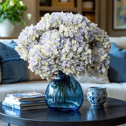 Artificial Flower Fake Silk Hydrangea Heads Bouquet with Stems Bulk for Fall Decoration Table Center Christmas Indoor Outdoor Faux Floral Realistic with Leaves Plants Crafts 8PCS(Blue) - color: Blue