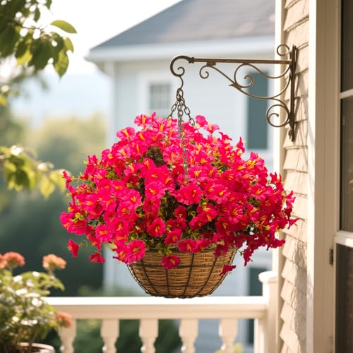 Grunyia Artificial Morning Glory Flowers with Eucalyptus - 16 Bundles UV Resistant Rose Red Faux Silk Plastic Fake Plants for Outdoor Indoor Garden Porch Front Door Home Decor - color: Rose Red