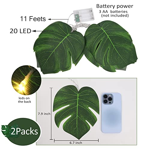 RECUTMS 2 Pack Artificial Tropical Palm Leaves String Lights, Large Size 20 LED Monstera Green Leaf Hanging Vine Greenery,Indoor Hawaiian Luau Jungle Beach Safari Baby Shower Party Spring Summer Decor - color: Monstera Leaf String Lights Large Size 2pcs