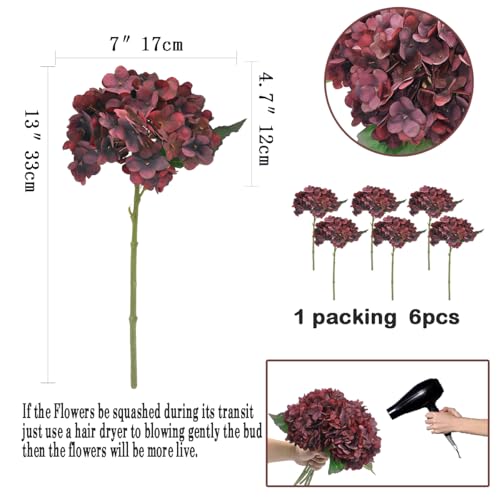 6PCS Artificial Fake Flowers Plants Silk Hydrangea 1 Flower Head Arrangements Wedding Bouquets Decorations Plastic Floral Table Centerpieces Home Kitchen Garden (Dark Red) - color: Dark Red
