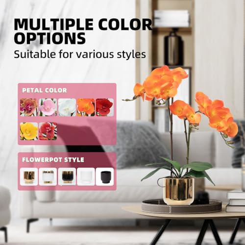 CXGS Orchids Artificial Flowers Real Touch Fake Flowers in Ceramic Pot 20" Orange Faux Orchid Plant Lifelike Silk Phalaenopsis for Centerpiece Hotel Home Indoor Decor - color: Orange- Gold Vase