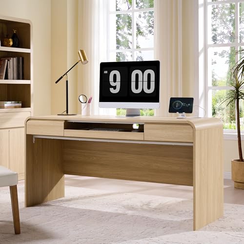 63" Modern Computer Desk with 2 Drawers, Wood Curved Executive Desk with Keyboard Tray & Power Outlet, Writing Desks with Storage for Home Office, Study Room, Living Room (Natural) - color: Natural