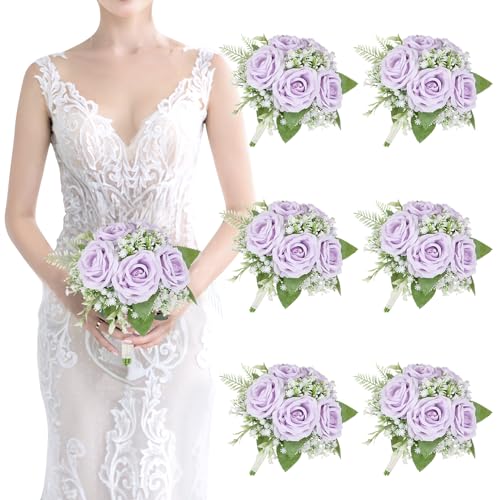 Artificial Bridesmaid Bouquets Set of 6 -7 Inch Pre-made Bridesmaid Bouquets Lilac Silk Rose Bouquet Handmade for Wedding Holding Flowers, Bridal Shower Wedding Centerpiece Ceremony and Anniversary - color: Lilac and White, size: Set of 6 Bridesmaid Bouqu
