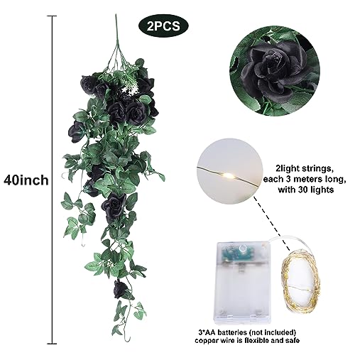 RECUTMS Artificial Black Rose Hanging Flower Plants Decorations, 2 PCS 3.3Ft Fake Floral lvy Garland with 30 LED Fairy String Lights for Indoor Wall Wedding Outdoor Home Garden Gothic Halloween Decor - color: Black, size: 2 pcs light