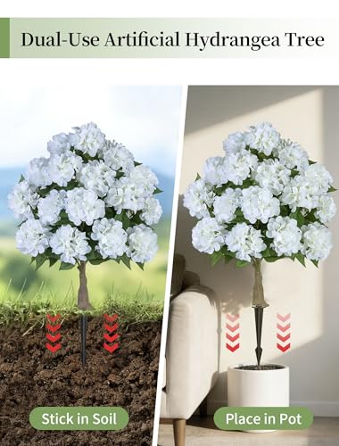 BLOSMON Fake Hydrangea Trees for Outdoors - 2 Packs 33" White Artificial Flower Topiary Ball Trees for Front Porch Decor - 20 Heads Faux Silk Hydrangea Bush Plants with Spike for Garden Yard Patio - color: White