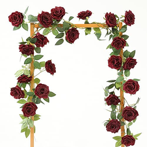 Dallisten 2 Strands 73'' Artificial Silk Rose Flower Vines Garland, Fake Roses Floral Green Leaves Hanging Plant for Wedding Arrangement Decoration, Wall, Party, Bedroom, Home Decor (Burgundy) - color: Burgundy