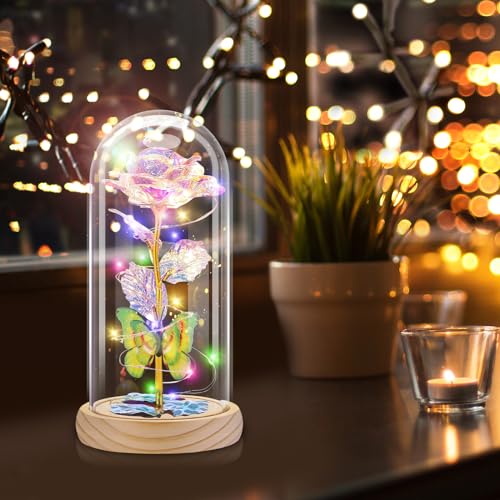 Otlonpe Preserved Artificial Rose Flower Lamp, Forever Women Gifts for Birthday Christmas Valentines Mothers Day, 7.7'' Glass Rose Wood Base Butterfly, Gifts for Mom Grandma Daughter Wife Girlfriend - color: Wood Colorful