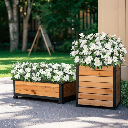 6 Pcs Artificial Flowers for Outdoors Fake Silk Periwinkle Flowers Faux Plants UV Resistant Bouquet Decorations for Planters Spring Summer Garden Porch Patio Window Box Balcony Home, White - color: White