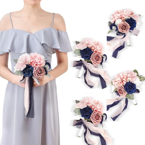 TINGE TIME 7inch Wedding Bouquets for Bridesmaid, Artificial Flowers Cascading Bridal Bouquet for Wedding (Dusty Rose & Navy Blue, Set of 4) - color: Dusty Rose & Navy Blue