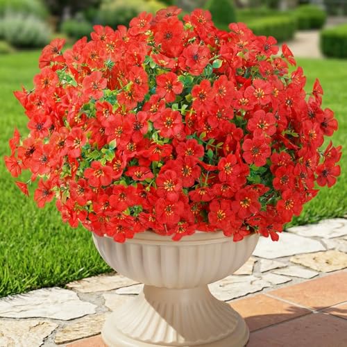 Lifewit Artificial Flowers for Outdoor Indoor, 12 Bundles Plastic Fake Flowers Daisy with Eucalyptus Leaves for Home Garden Decor, Porch, Window Box(Red) - color: Red